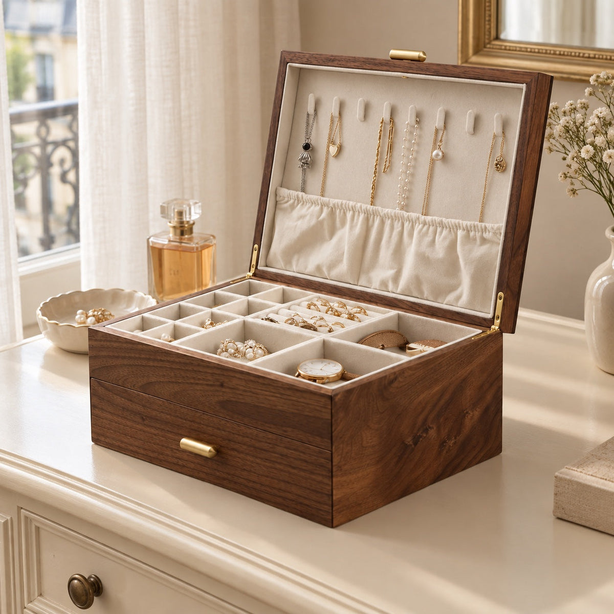Boîte à bijoux en noyer massif avec support à colliers – Cléophée Paris