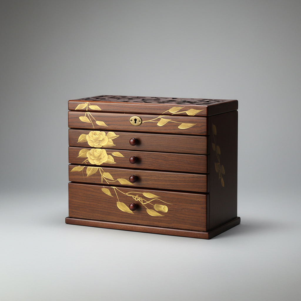 Boîte à bijoux bois massif – 5 niveaux feuilles dorées Cléophée Paris