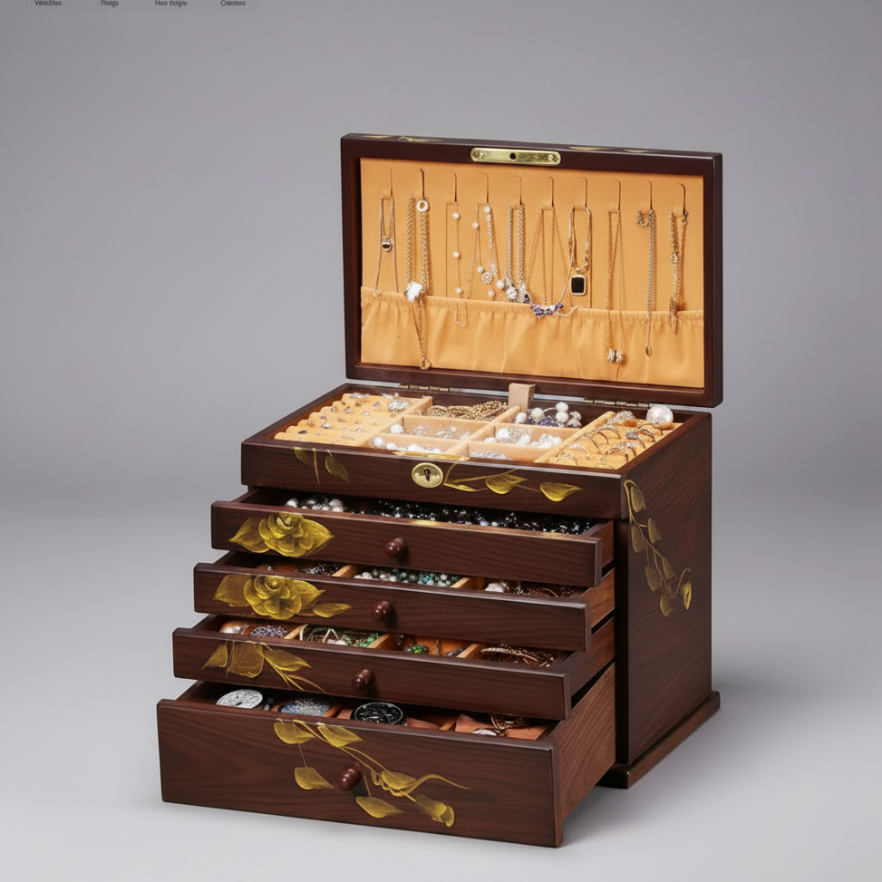 Boîte à bijoux bois massif – 5 niveaux feuilles dorées Cléophée Paris
