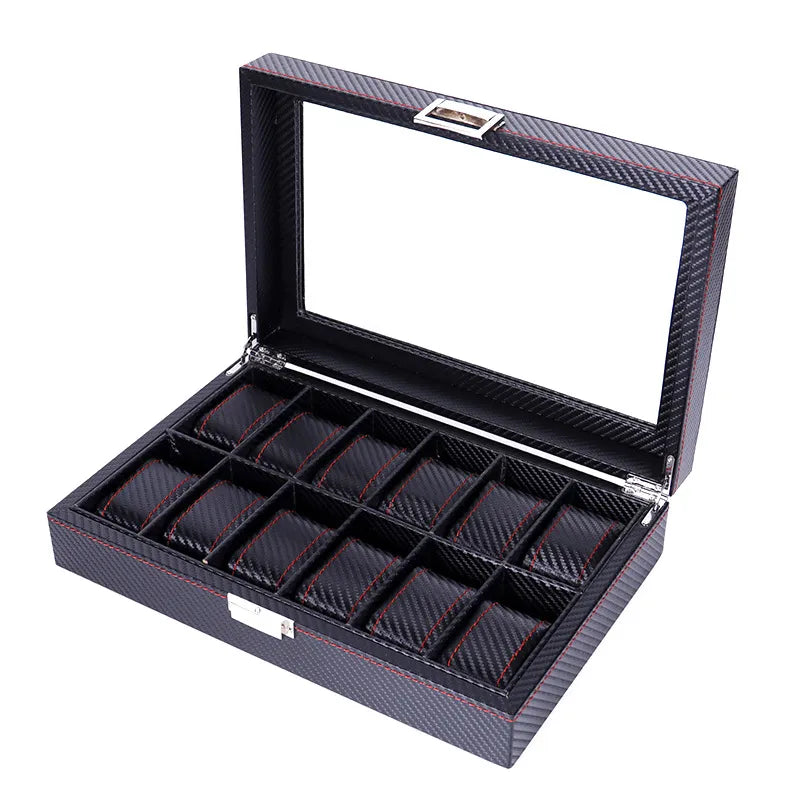 Coffret à montres en carbone noir – 12 emplacements – vue 2 – Cléophée Paris