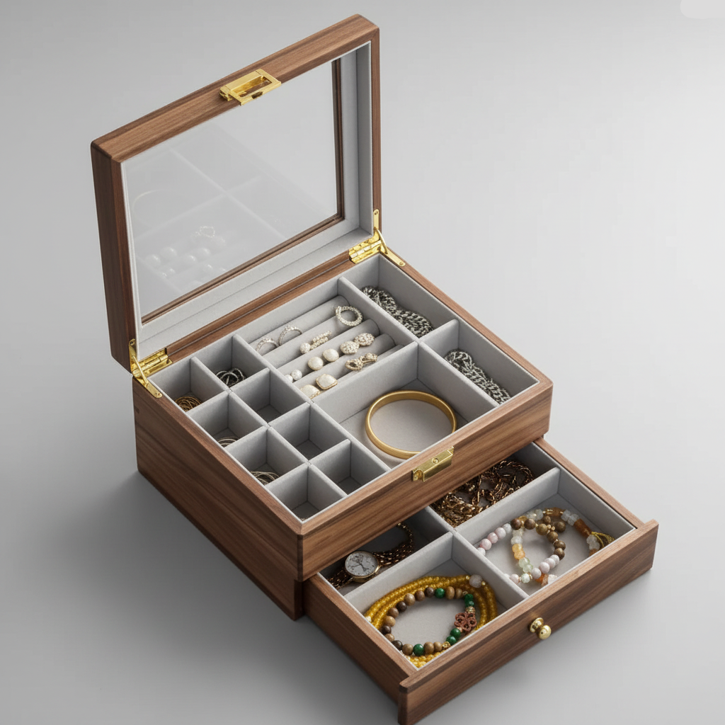 Boîte à bijoux en bois massif avec tiroir