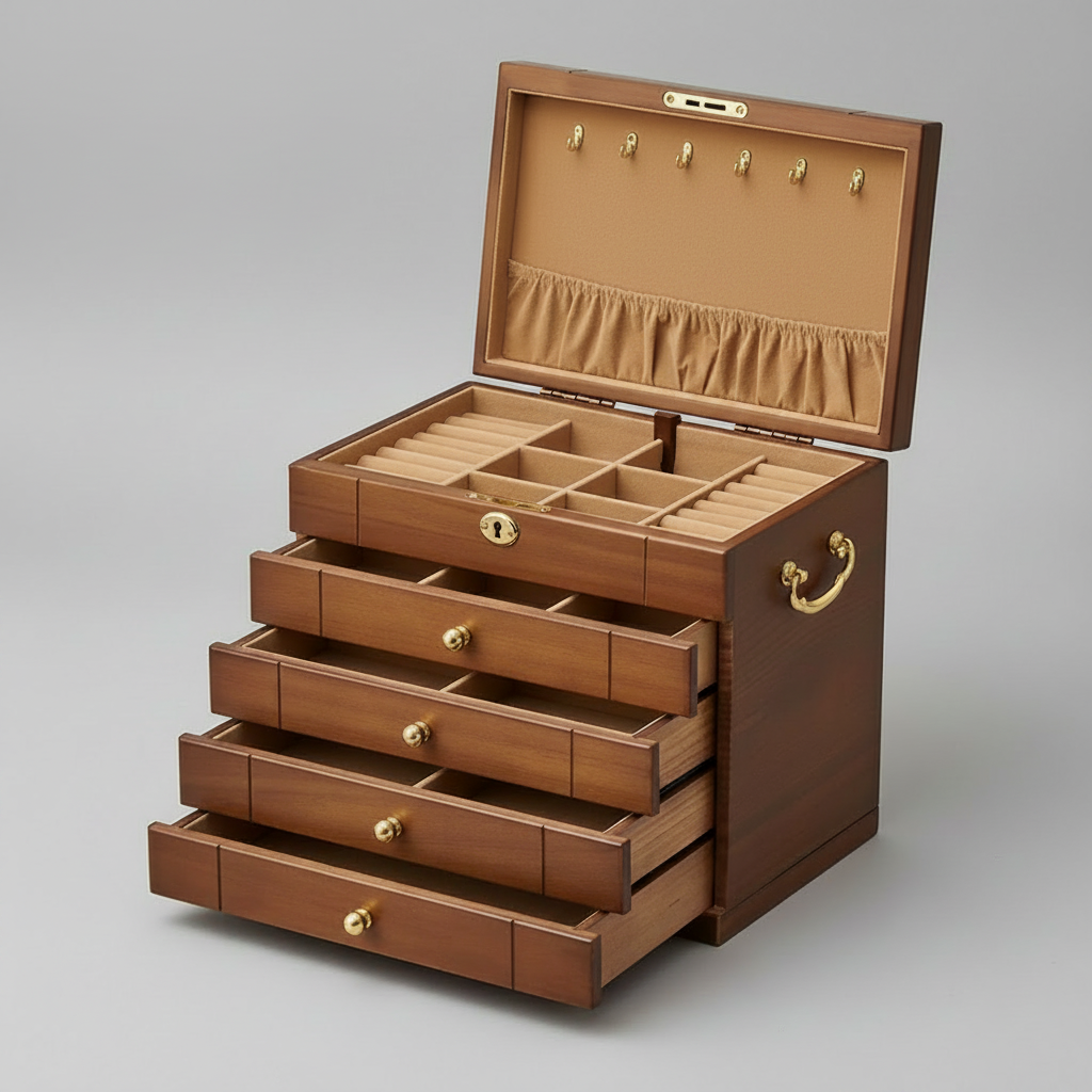 Grand coffret à bijoux vintage à serrure en noyer