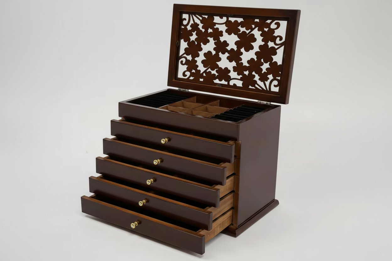 Grand coffret à bijoux à six niveaux couvercle vitré