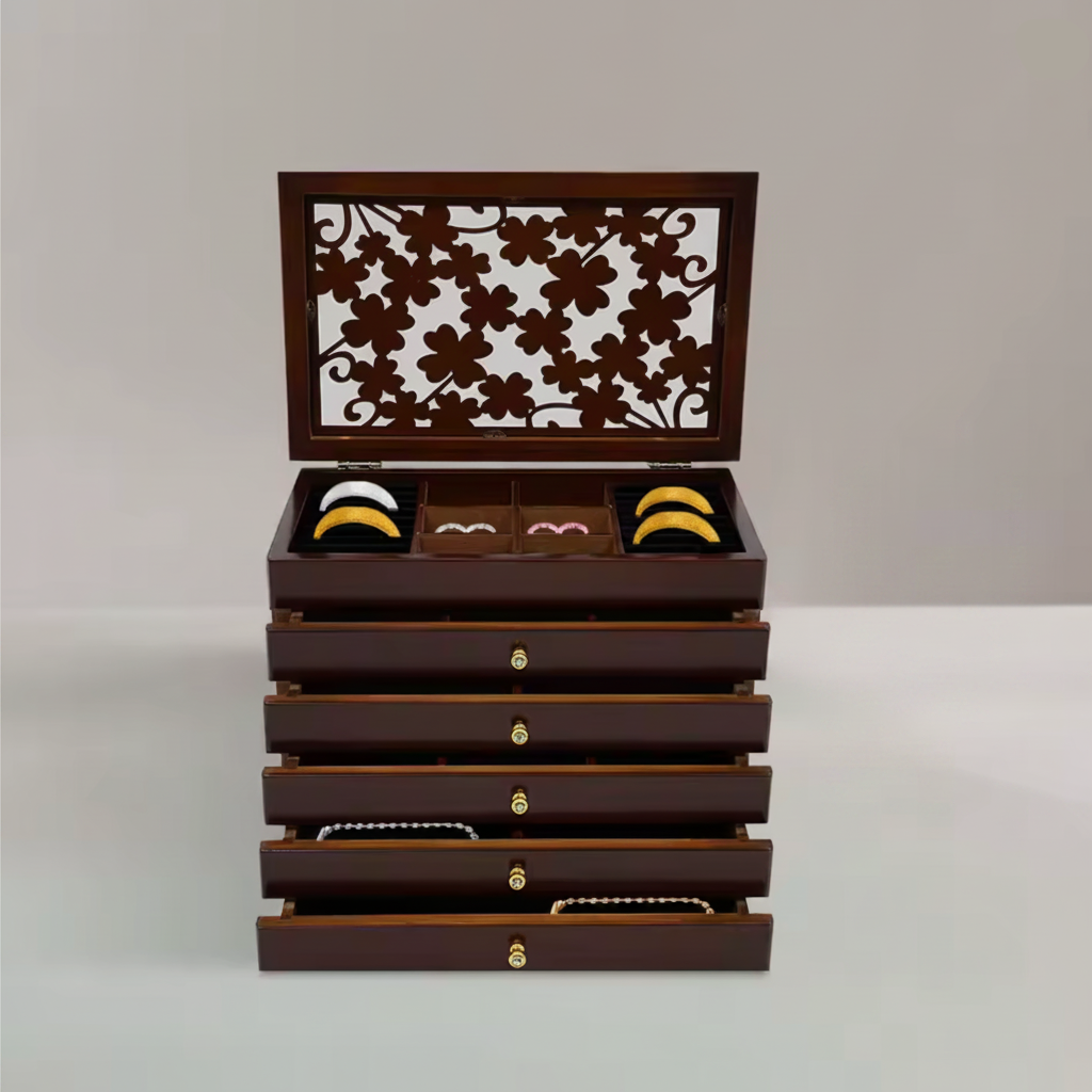 Grand coffret à bijoux à six niveaux couvercle vitré