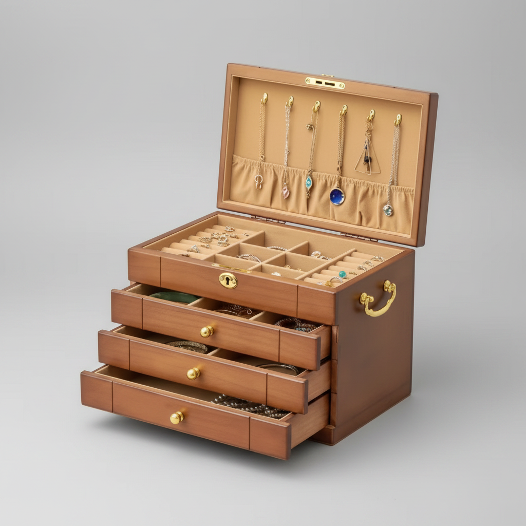 Grand coffret à bijoux vintage à serrure en noyer