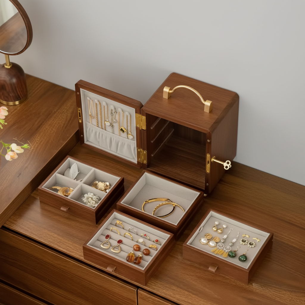 Grande Boîte à Bijoux en Bois – Feuilles Dorées Peintes Cléophée Paris