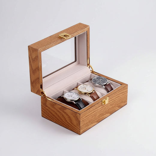 Boîte 3 montres en bois précieux avec couvercle vitré, vue de face – Cléophée Paris
