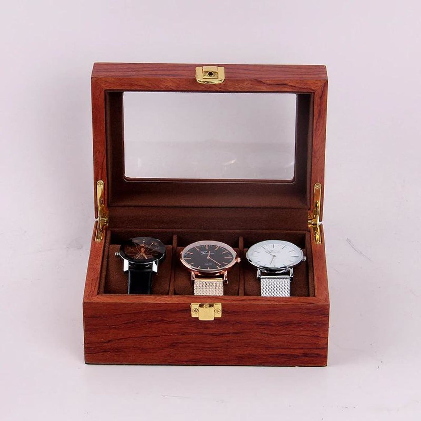 Détail du couvercle vitré de la boîte 3 montres en bois – Cléophée Paris
