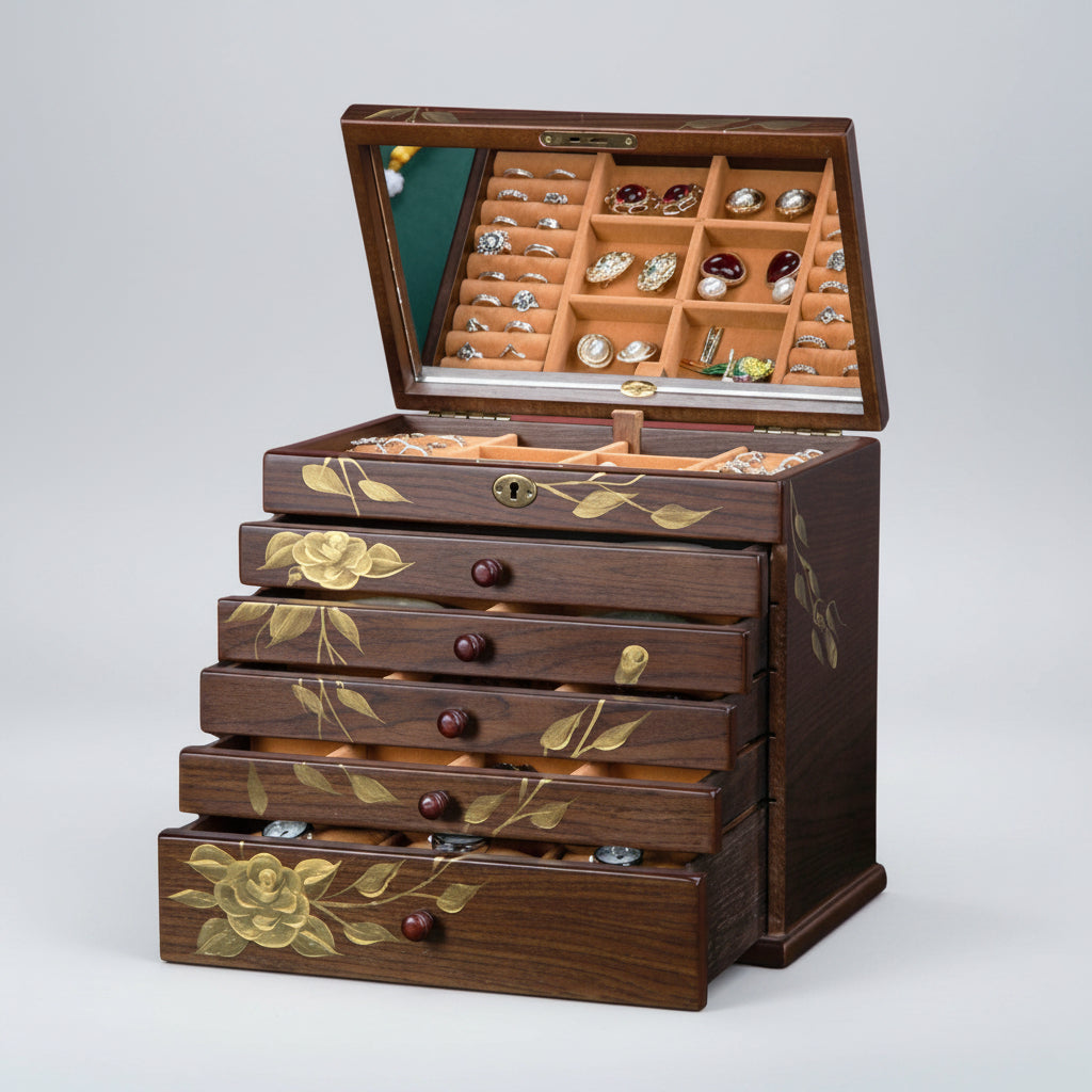 Boîte à bijoux bois massif – 6 niveaux feuilles dorées - Cléophée Paris