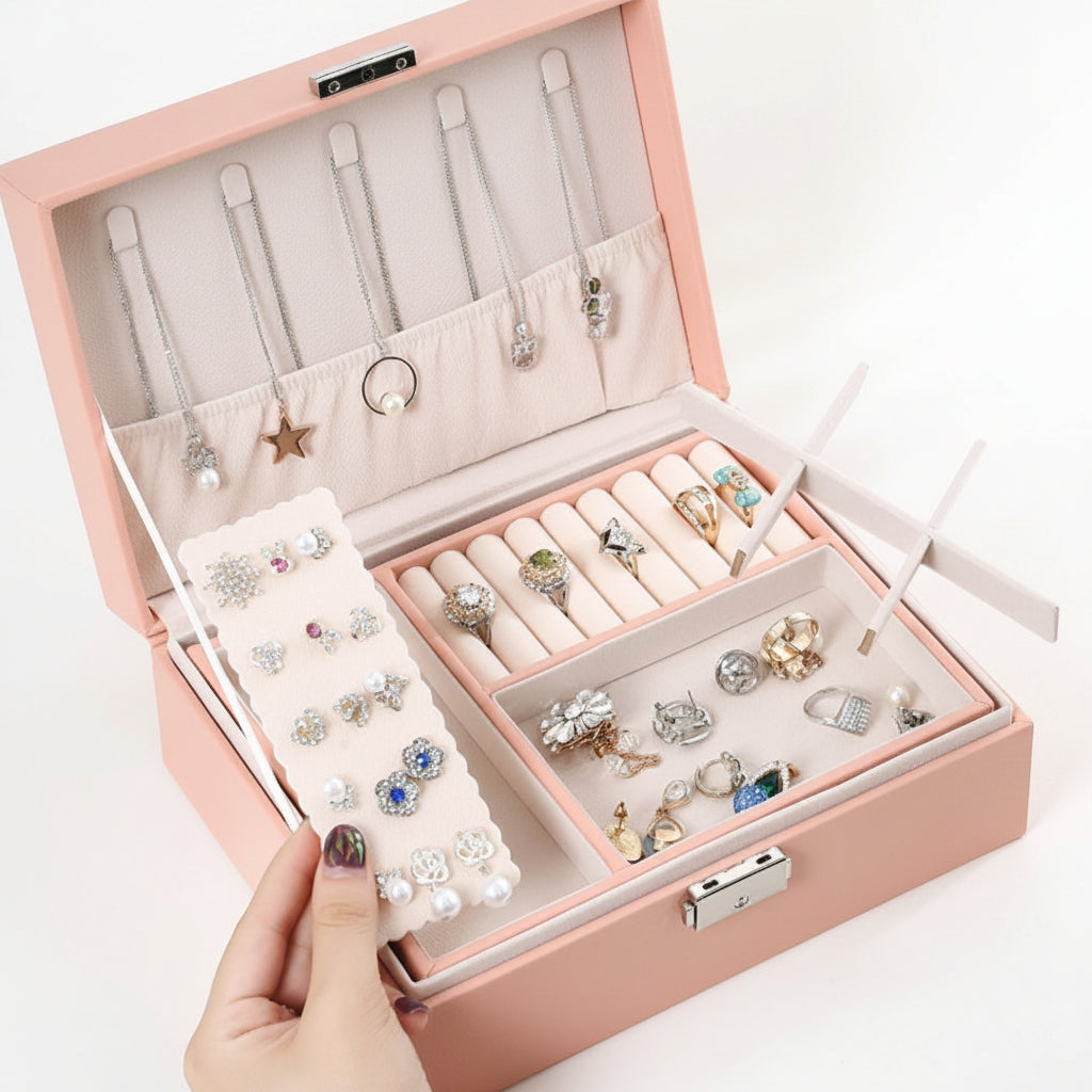 Boîte à bijoux cuir PU – 2 niveaux & plateau amovible - Cléophée Paris