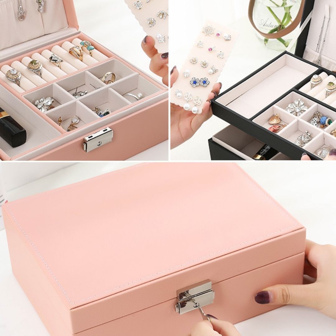 Boîte à bijoux cuir PU – 2 niveaux & plateau amovible - Cléophée Paris