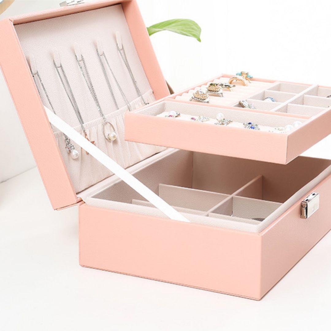 Boîte à bijoux cuir PU – 2 niveaux & plateau amovible - Cléophée Paris