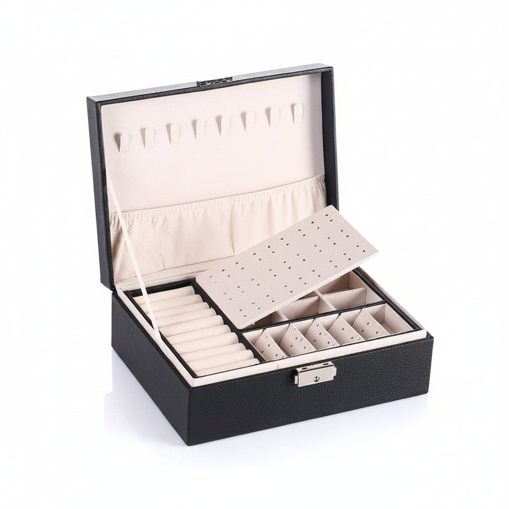 Boîte à bijoux cuir PU – 2 niveaux & plateau amovible - Cléophée Paris