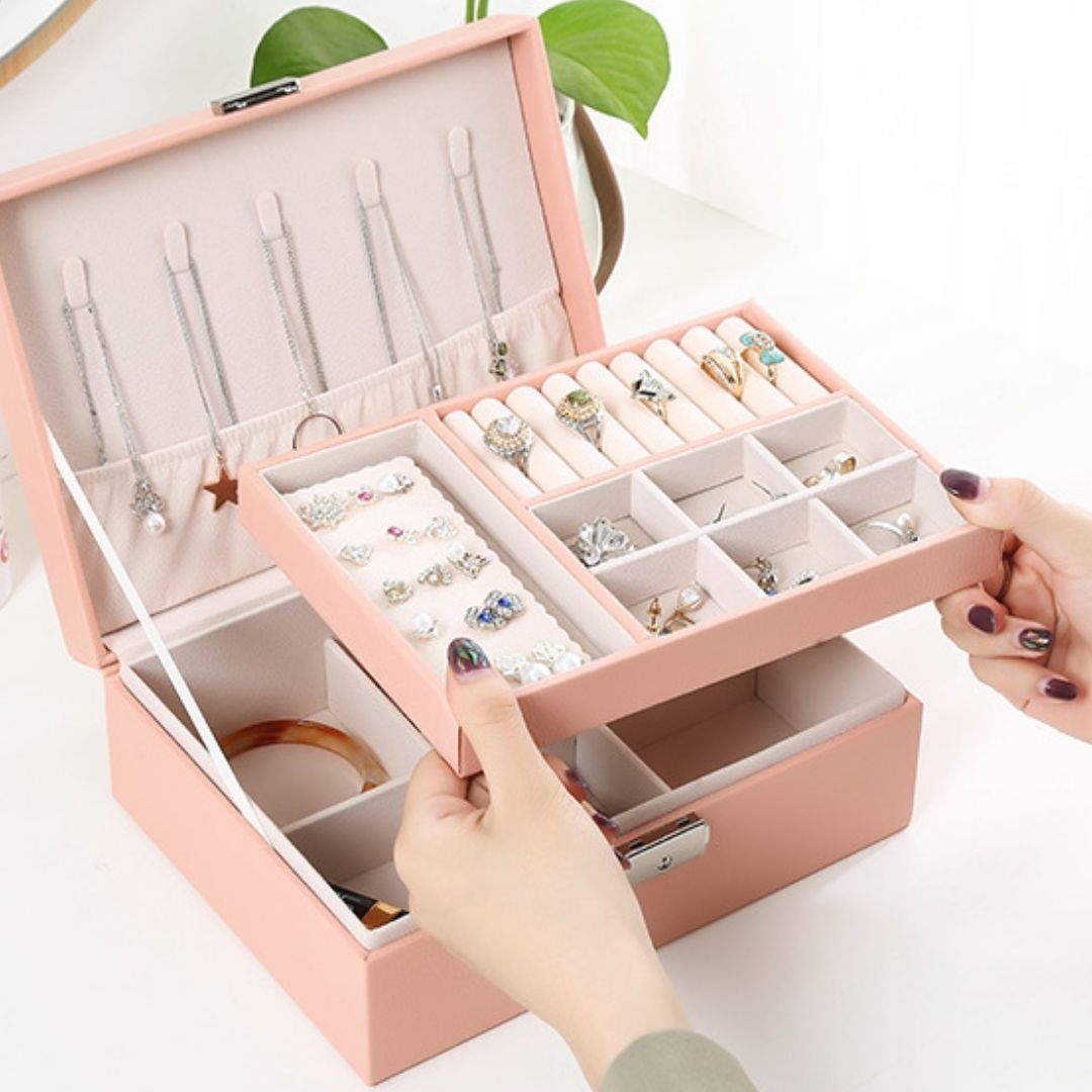 Boîte à bijoux cuir PU – 2 niveaux & plateau amovible - Cléophée Paris