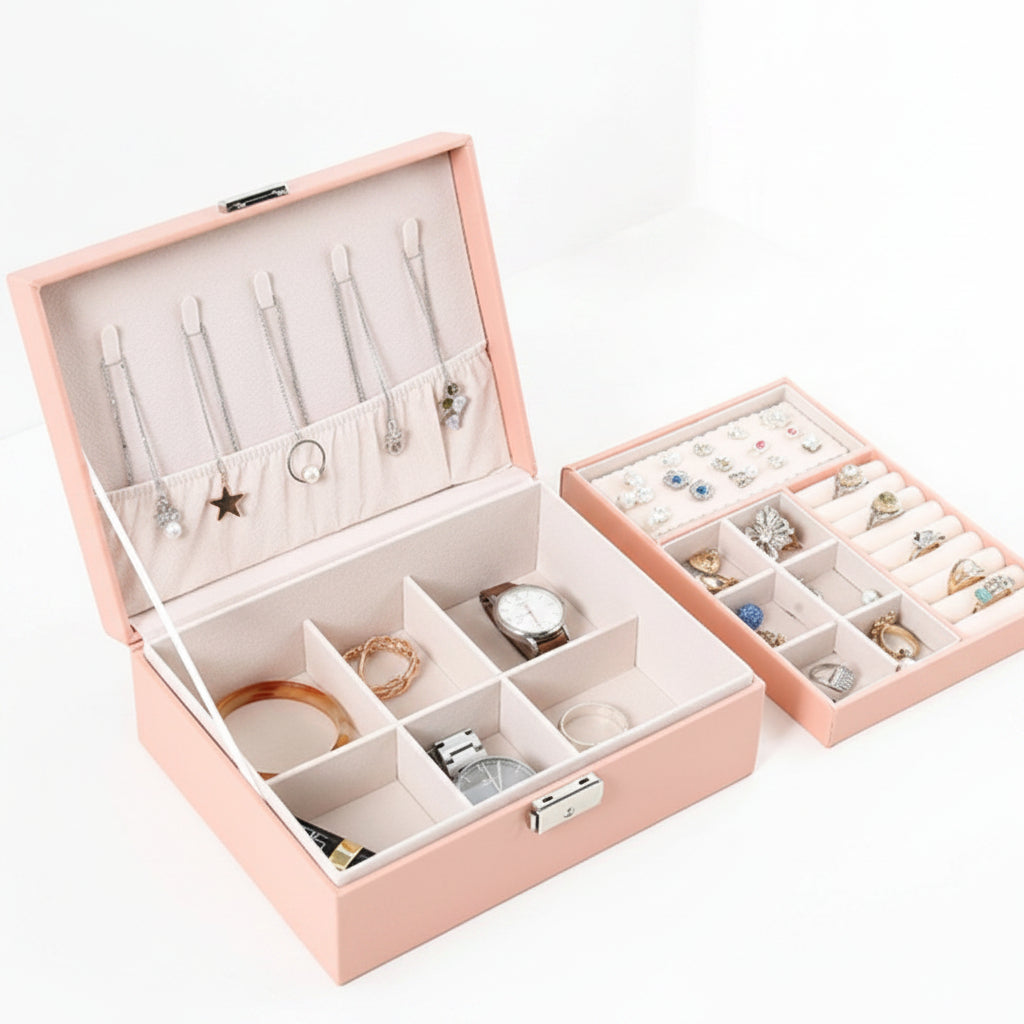 Boîte à bijoux cuir PU – 2 niveaux & plateau amovible - Cléophée Paris