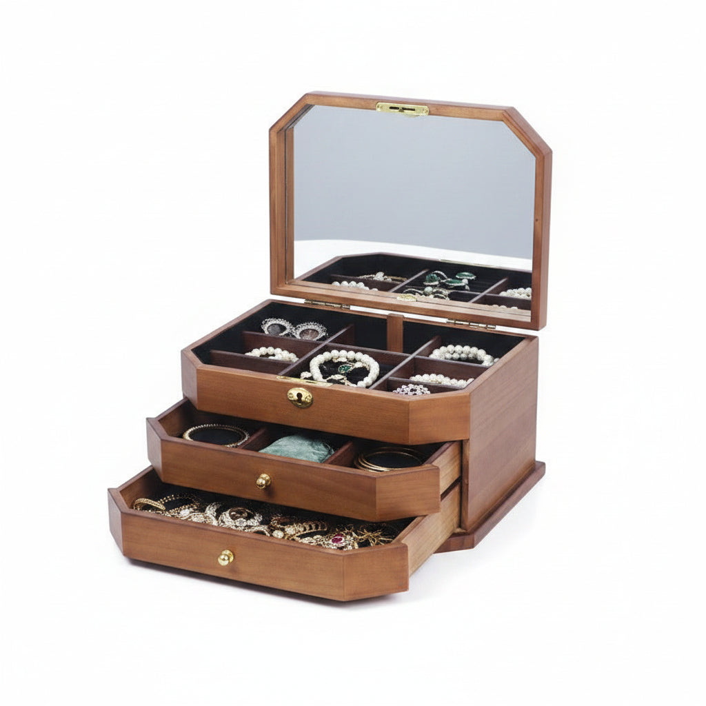 Boîte à Bijoux en Bois avec Miroir et Serrure – 3 Niveaux - Cléophée Paris