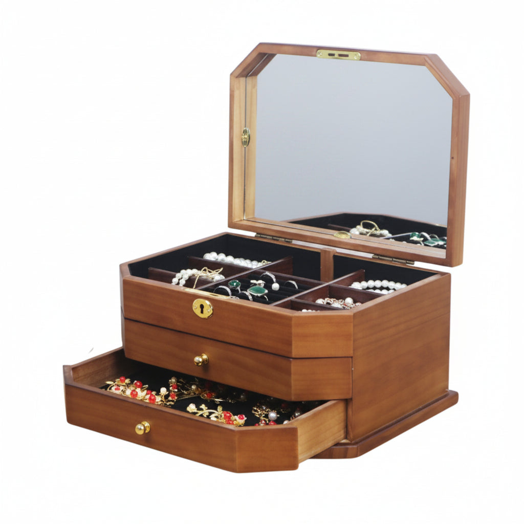 Boîte à Bijoux en Bois avec Miroir et Serrure – 3 Niveaux - Cléophée Paris