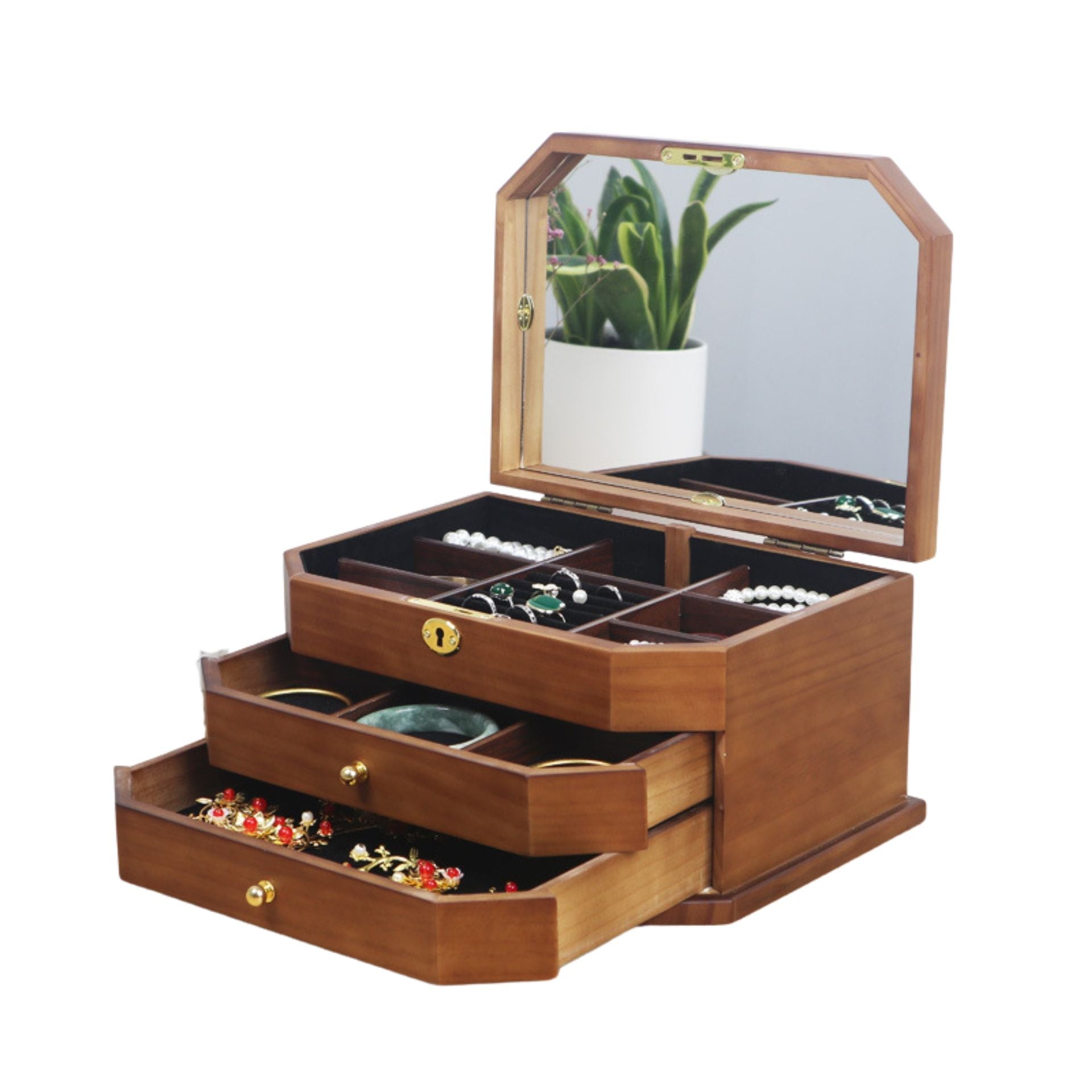 Boîte à Bijoux en Bois avec Miroir et Serrure – 3 Niveaux - Cléophée Paris
