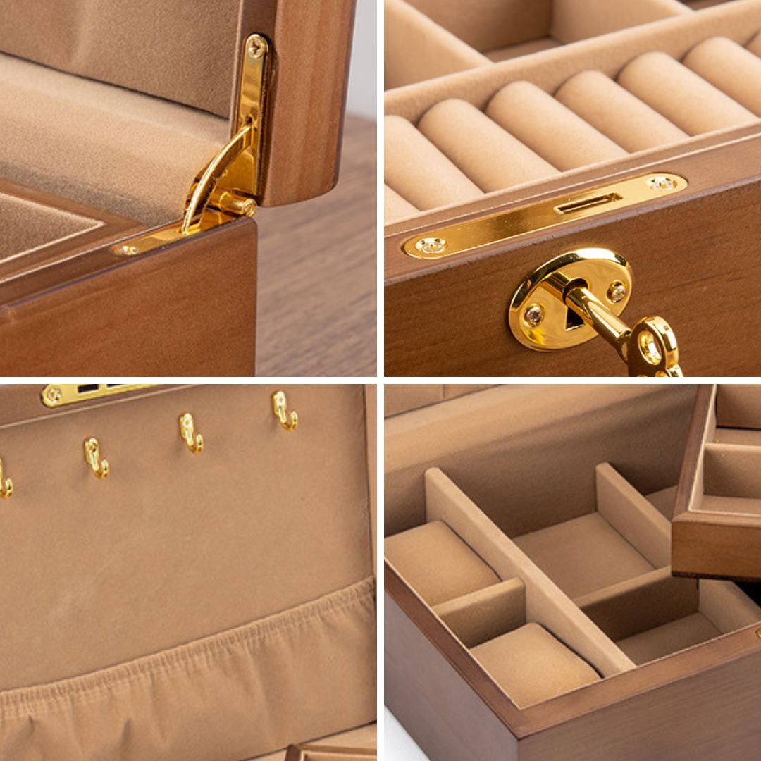 Boîte à bijoux en bois massif – 2 niveaux & coussins montres - Cléophée Paris
