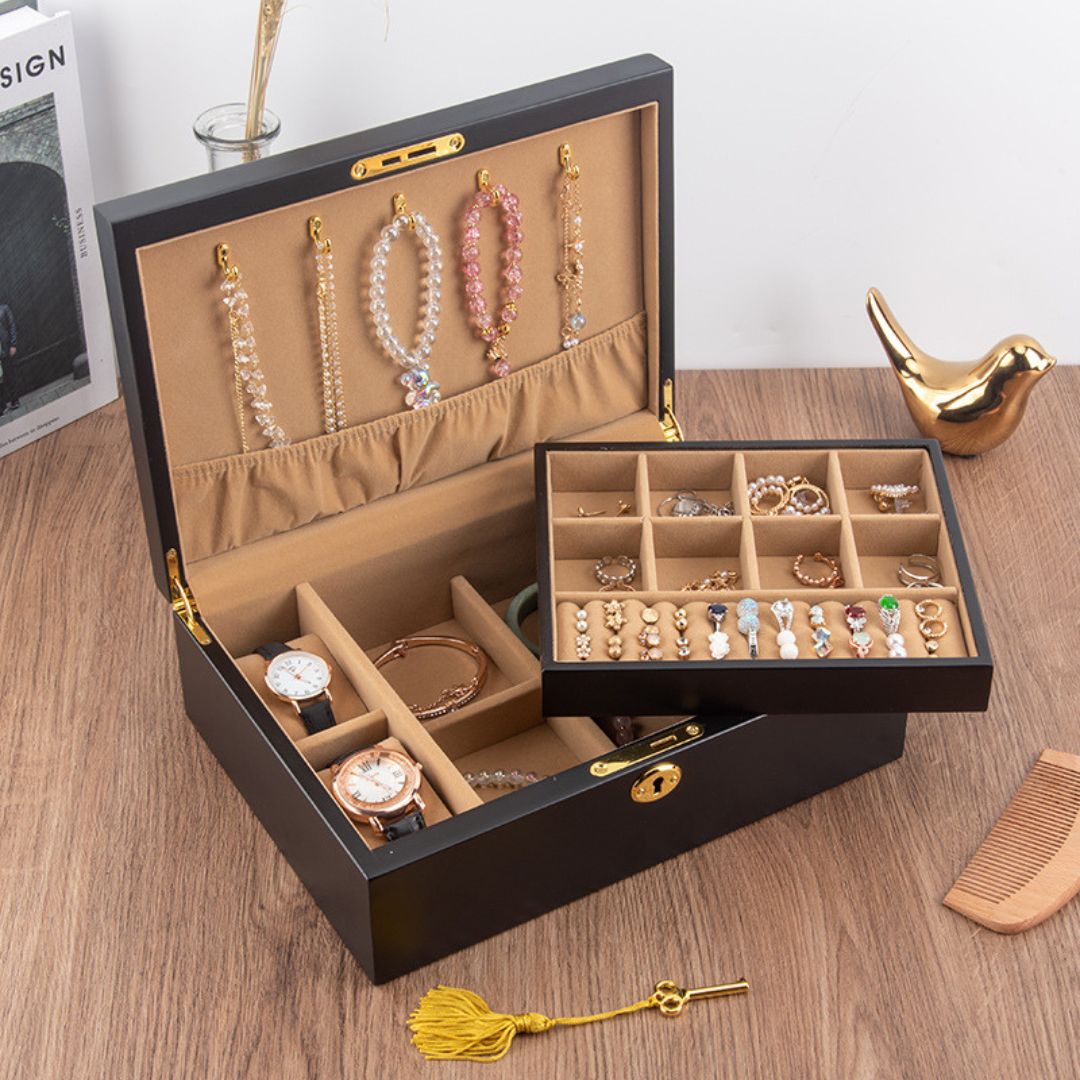 Boîte à bijoux en bois massif – 2 niveaux & coussins montres - Cléophée Paris