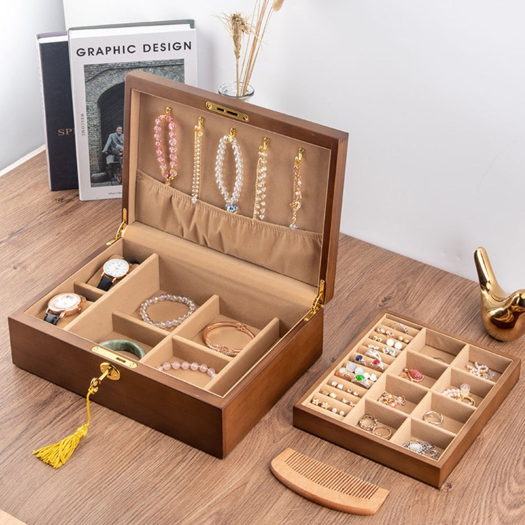 Boîte à bijoux en bois massif – 2 niveaux & coussins montres - Cléophée Paris