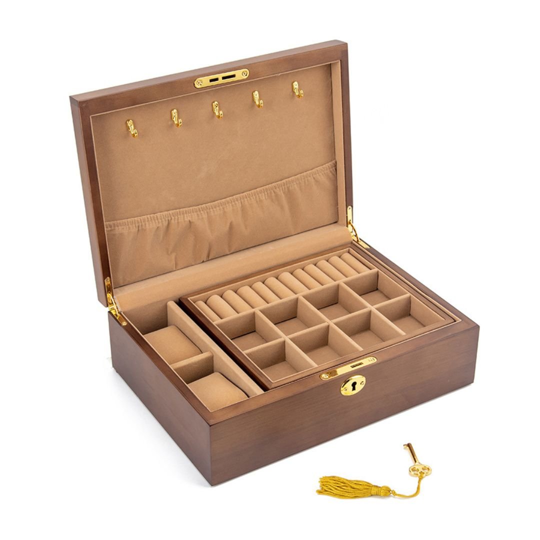 Boîte à bijoux en bois massif – 2 niveaux & coussins montres - Cléophée Paris