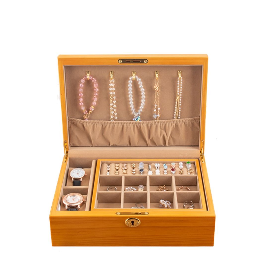 Boîte à bijoux en bois massif – 2 niveaux & coussins montres - Cléophée Paris