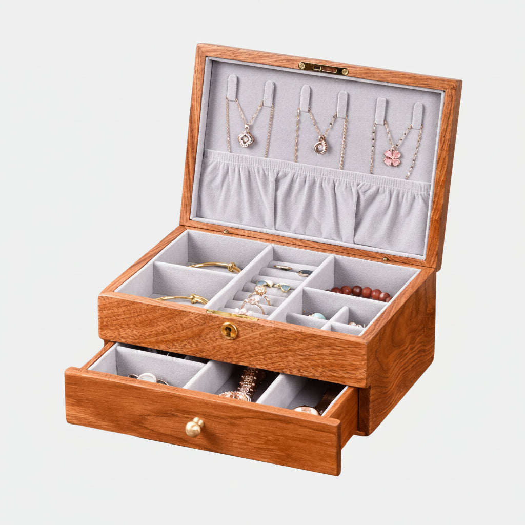 Boîte à bijoux bois massif ouverte avec tiroir sorti – Cléophée Paris