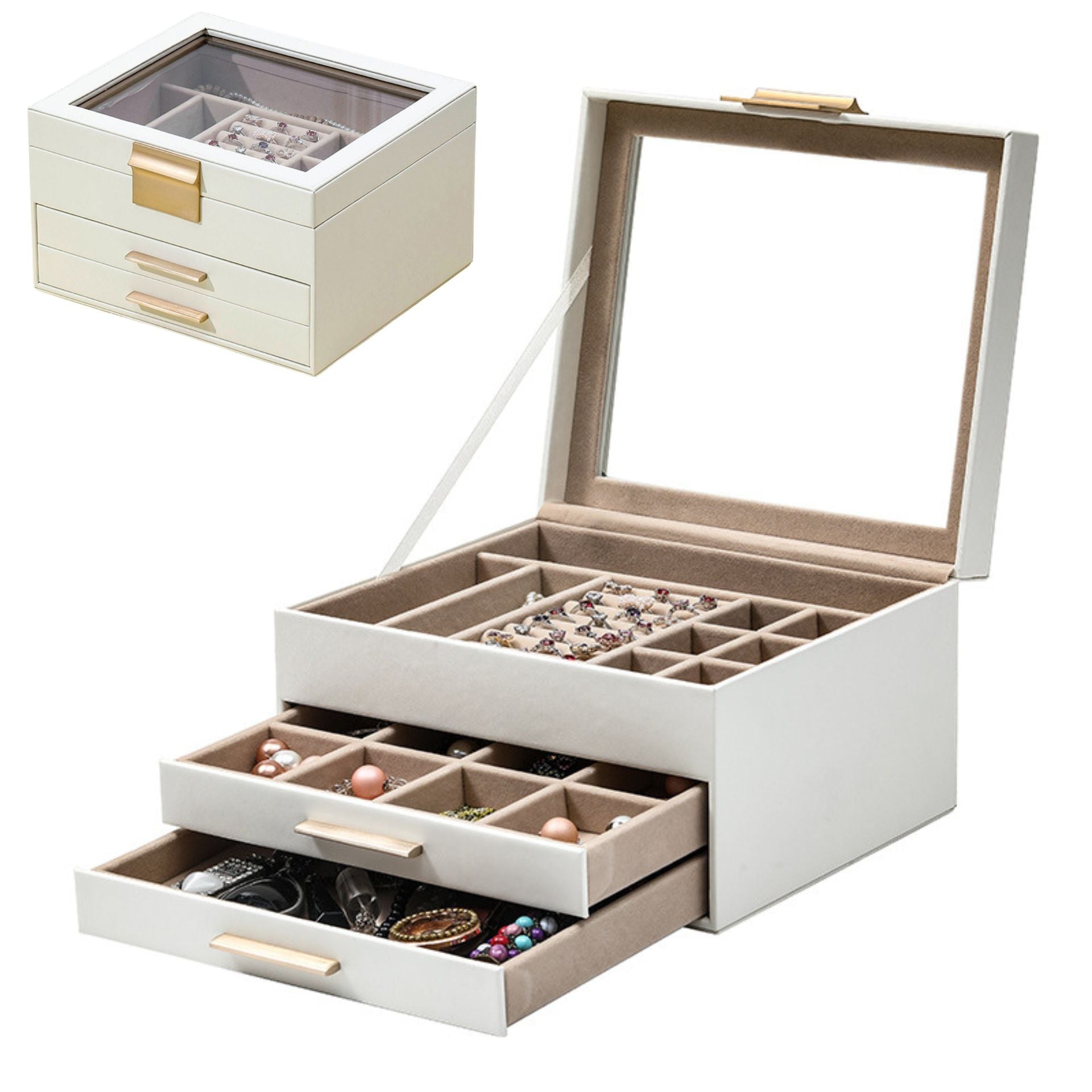 Boîte à bijoux en cuir – 3 niveaux avec tiroirs (Couvercle verre) - Cléophée Paris