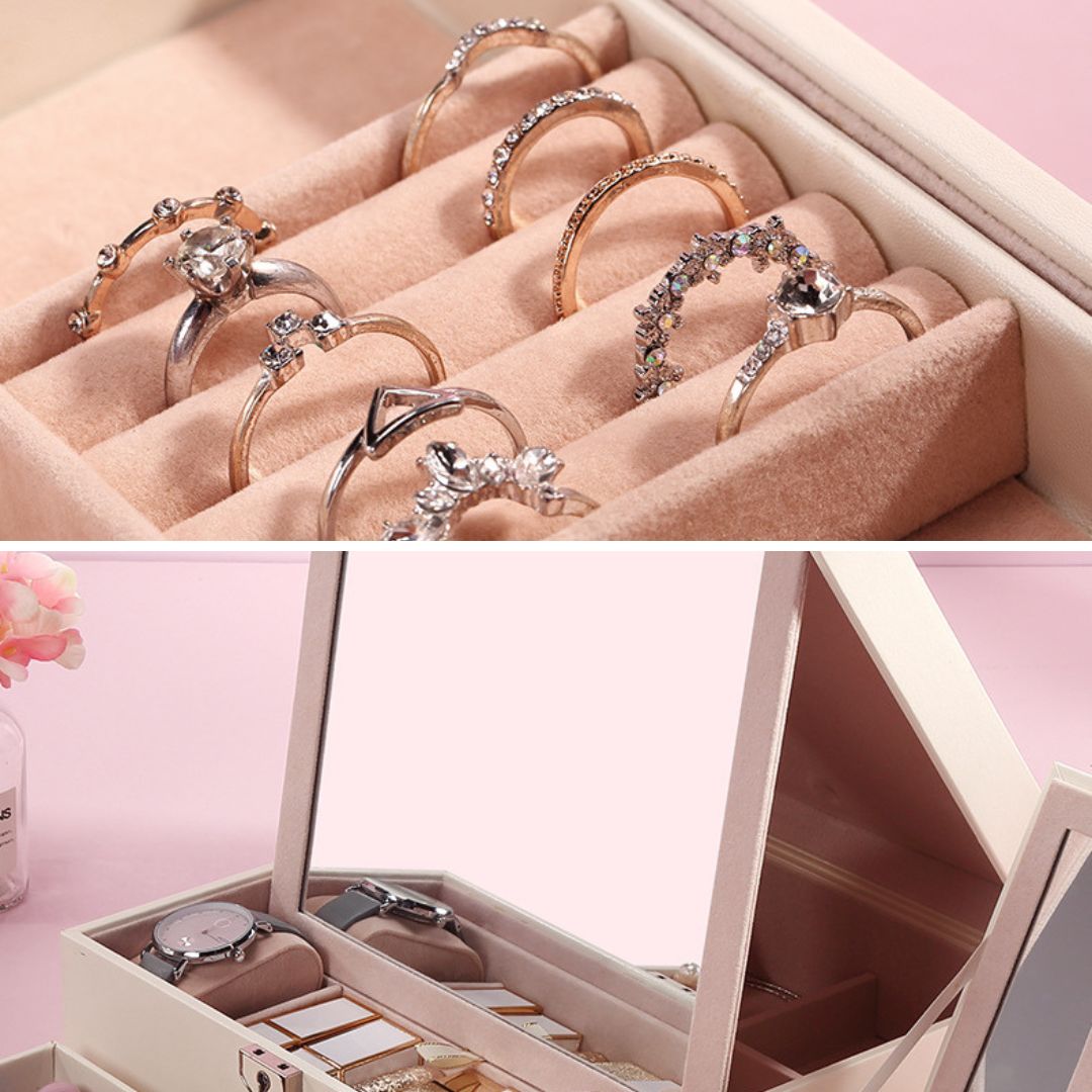 Boîte à Bijoux en Cuir avec Miroir – Rangement Sécurisé et Multifonction - Cléophée Paris