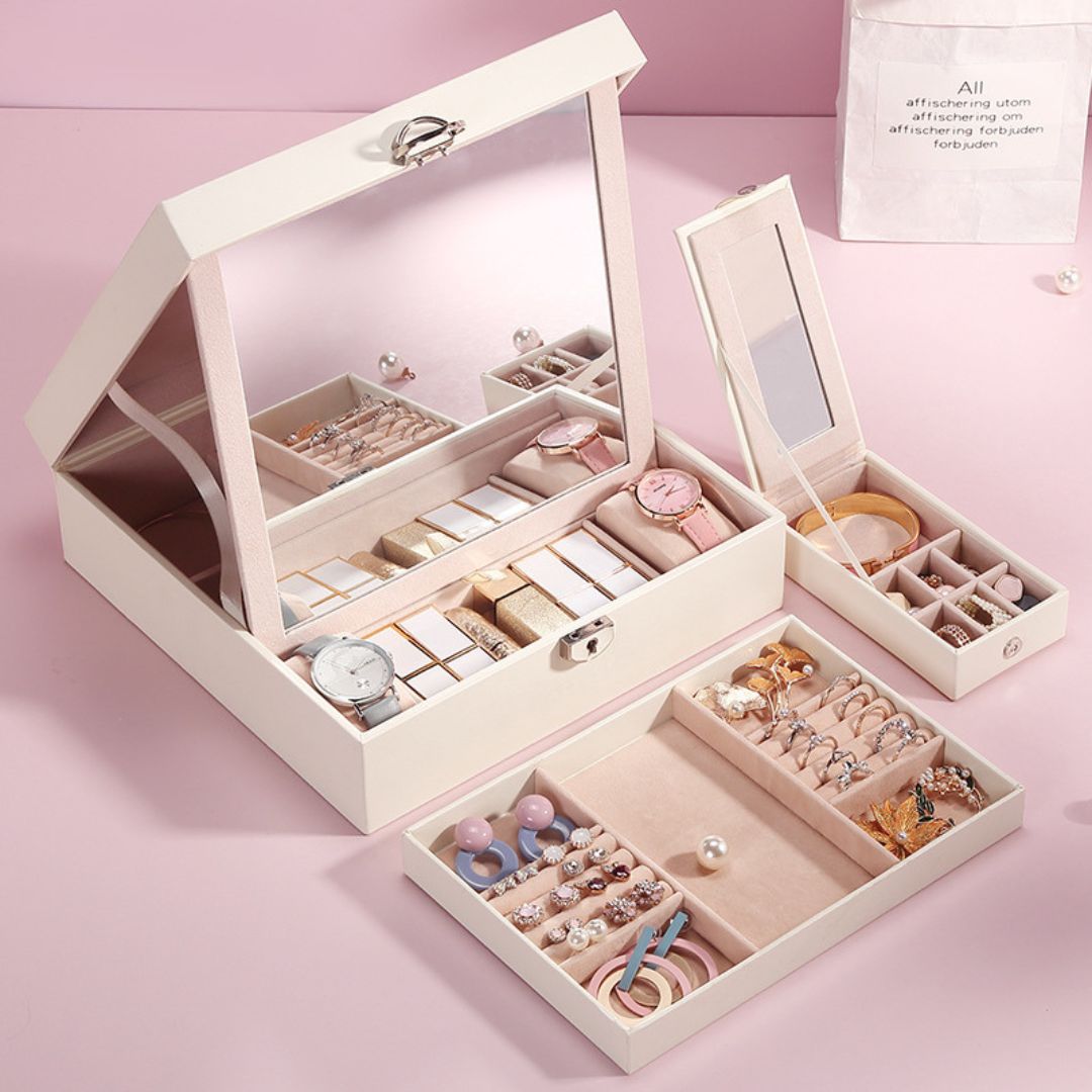 Boîte à Bijoux en Cuir avec Miroir – Rangement Sécurisé et Multifonction - Cléophée Paris