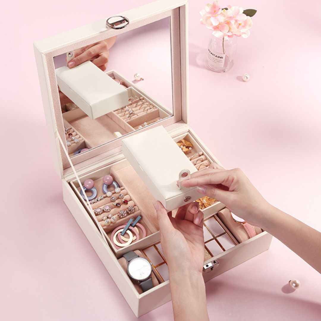 Boîte à Bijoux en Cuir avec Miroir – Rangement Sécurisé et Multifonction - Cléophée Paris