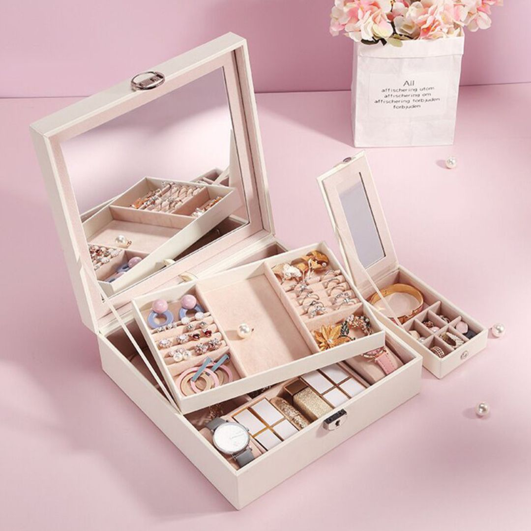 Boîte à Bijoux en Cuir avec Miroir – Rangement Sécurisé et Multifonction - Cléophée Paris