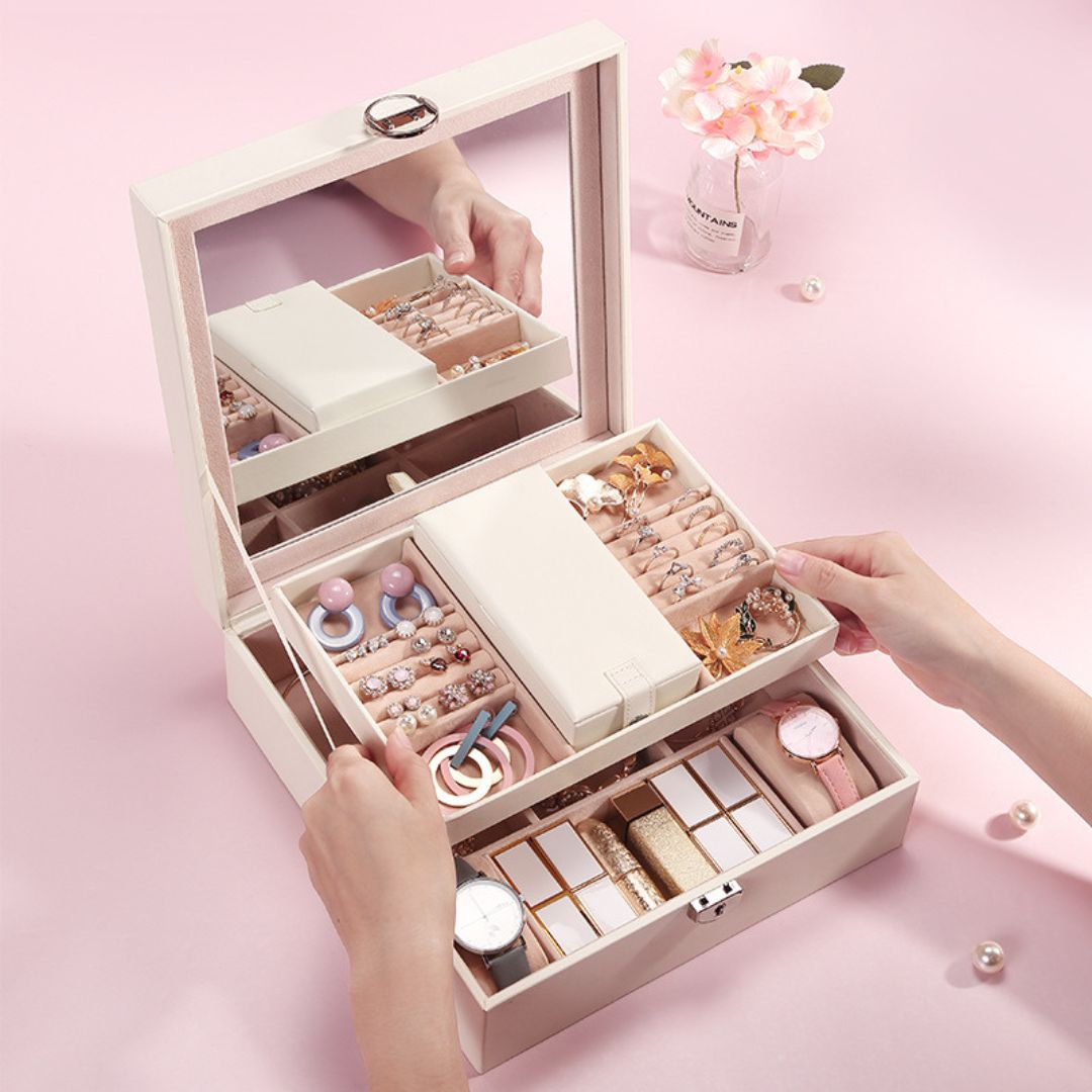 Boîte à Bijoux en Cuir avec Miroir – Rangement Sécurisé et Multifonction - Cléophée Paris