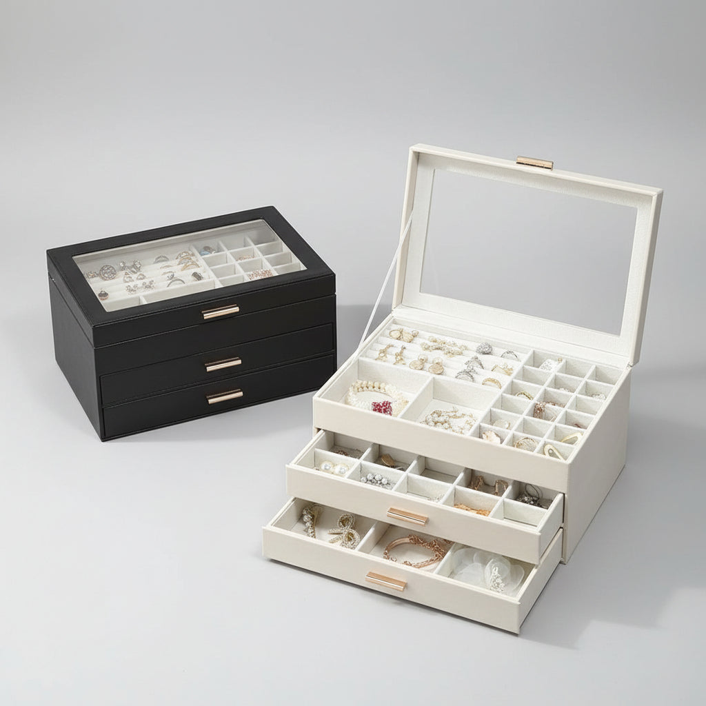 Boîte à bijoux en cuir – Deux tiroirs & couvercle transparent - Cléophée Paris