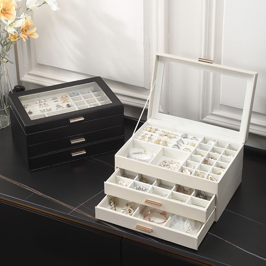 Boîte à bijoux en cuir – Deux tiroirs & couvercle transparent - Cléophée Paris
