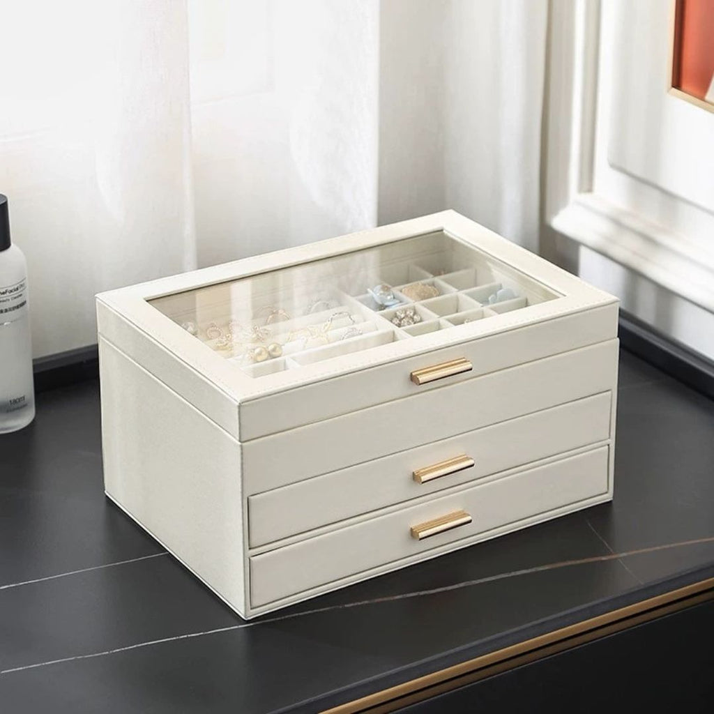 Boîte à bijoux en cuir – Deux tiroirs & couvercle transparent - Cléophée Paris