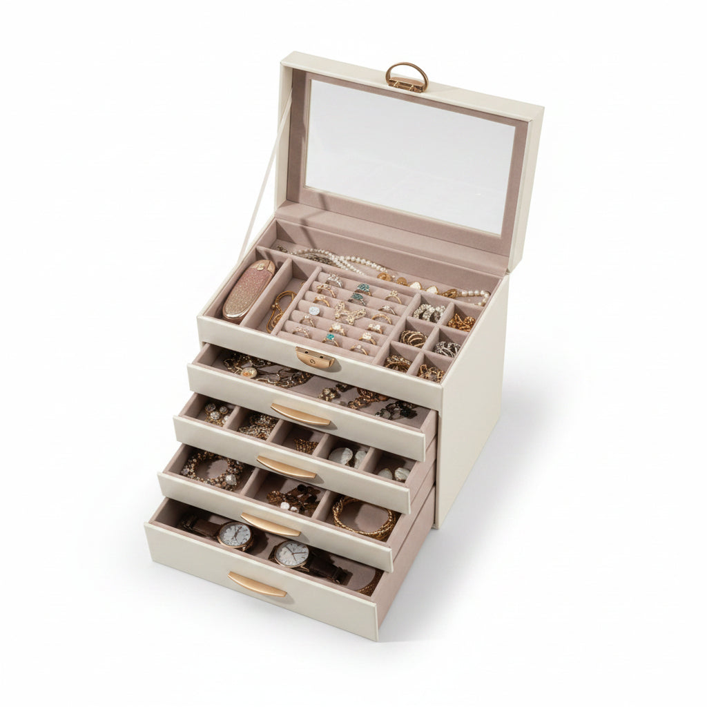 Boîte à Bijoux en Cuir PU – 5 Niveaux et 4 Tiroirs Imperméables - Cléophée Paris