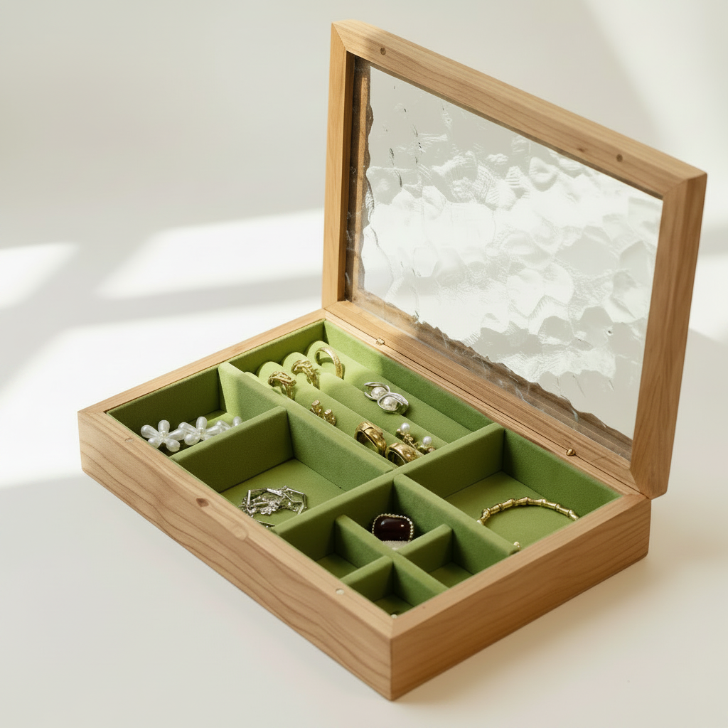 Boîte à bijoux noyer et cerisier ouverte avec compartiments – Cléophée Paris