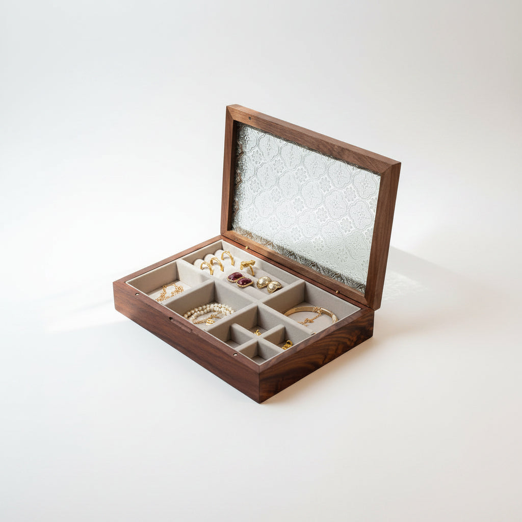 Boîte à bijoux compacte coloris cerisier avec motif fleur – Cléophée Paris