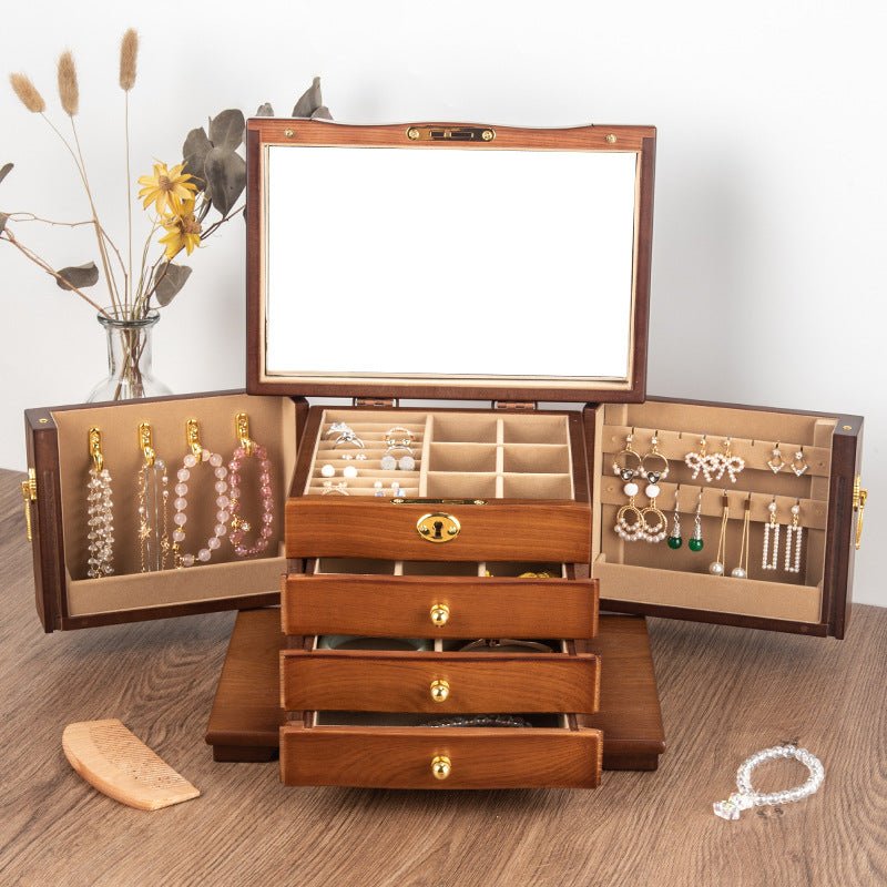 Boîte à bijoux en noyer massif – 5 tiroirs et porte vitrée - Cléophée Paris