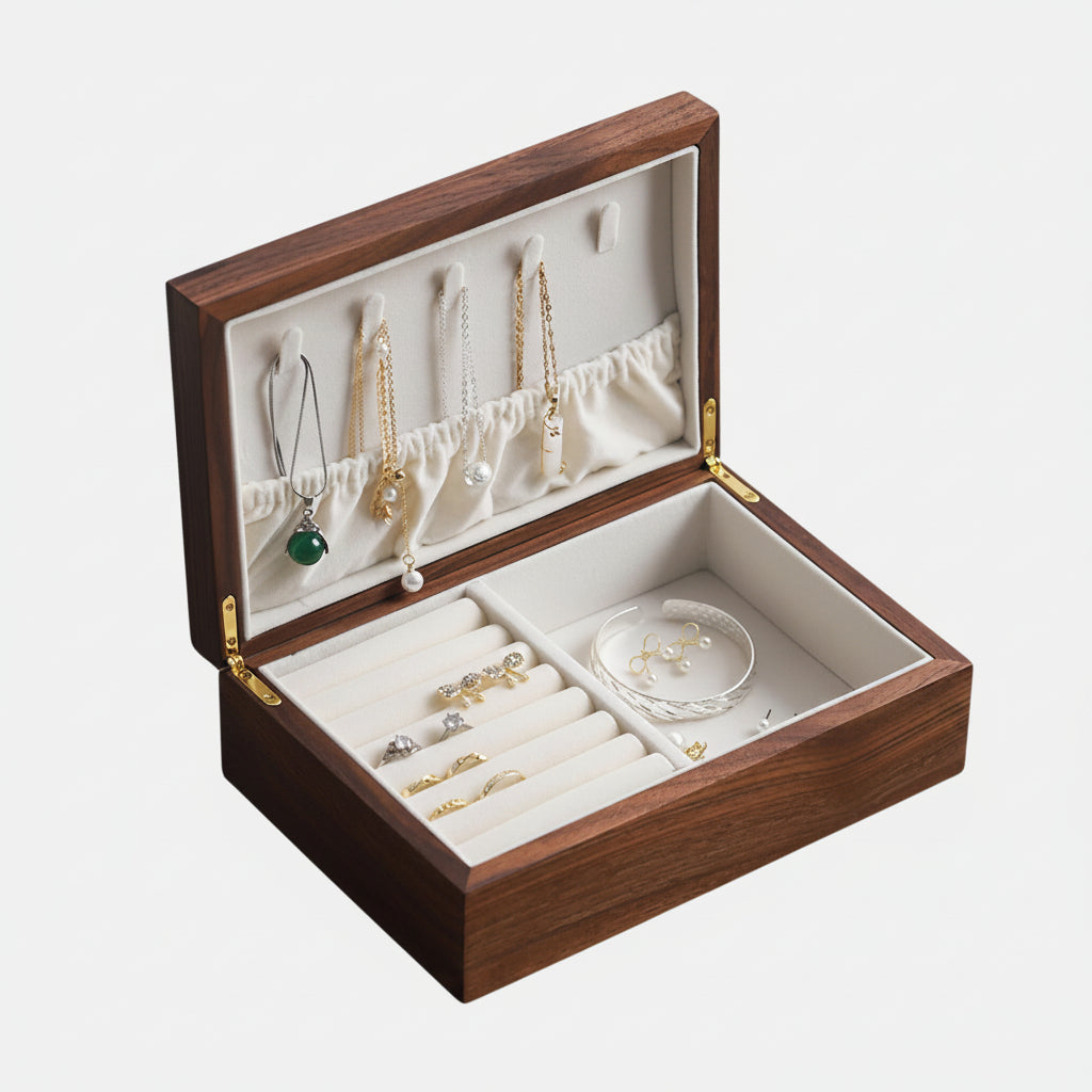 Boîte à bijoux noyer massif double niveau avec miroir – Cléophée Paris