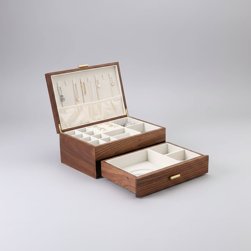 Boîte à bijoux en bois de noyer, vue de trois quarts – Cléophée Paris