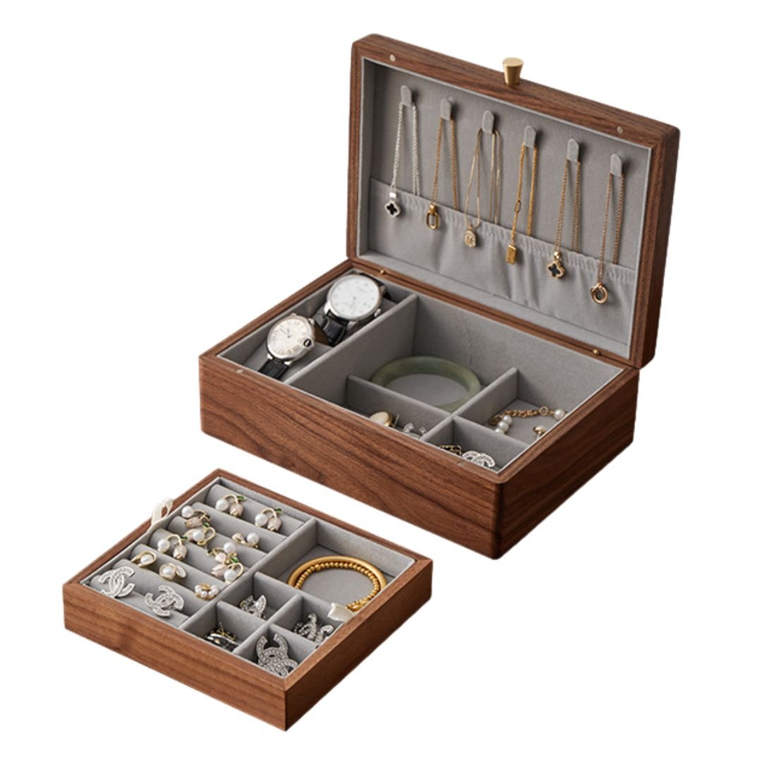 Boîte à bijoux en noyer massif – plateau amovible (Compacte) - Cléophée Paris
