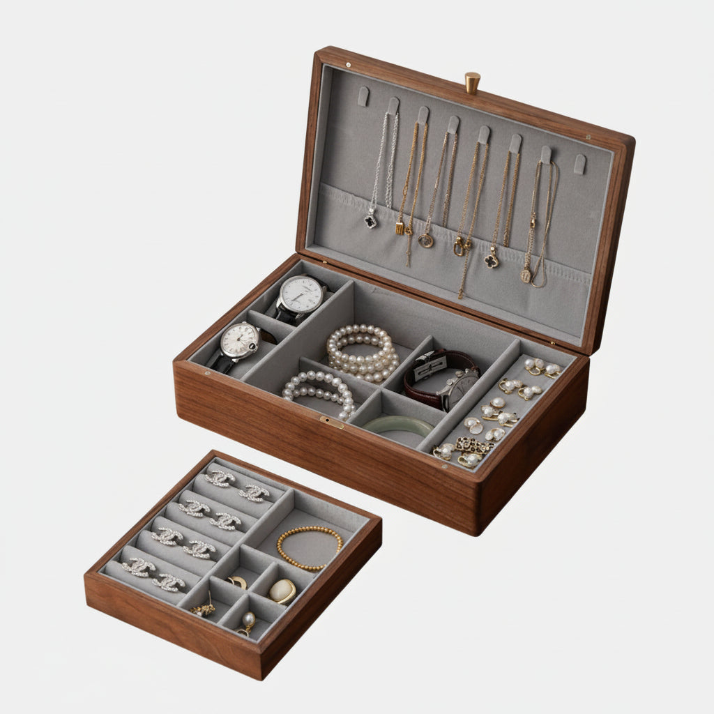 Boîte à bijoux noyer massif plateau amovible, idée cadeau femme – Cléophée Paris
