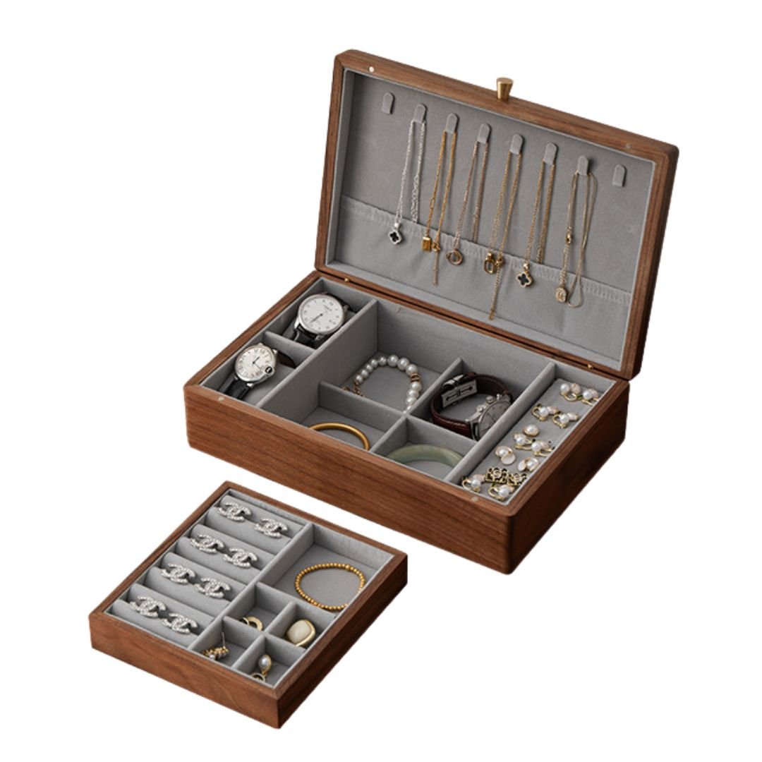Boîte à bijoux en noyer massif – plateau amovible (Compacte) - Cléophée Paris
