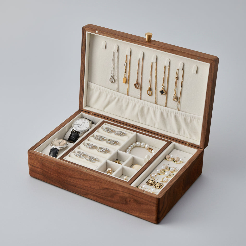 Boîte à bijoux noyer compacte posée sur une coiffeuse – Cléophée Paris