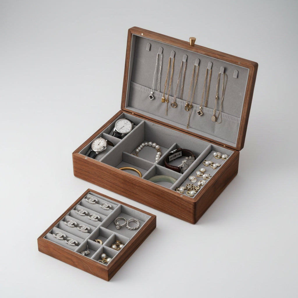Fermeture magnétique de la boîte à bijoux en noyer massif – Cléophée Paris