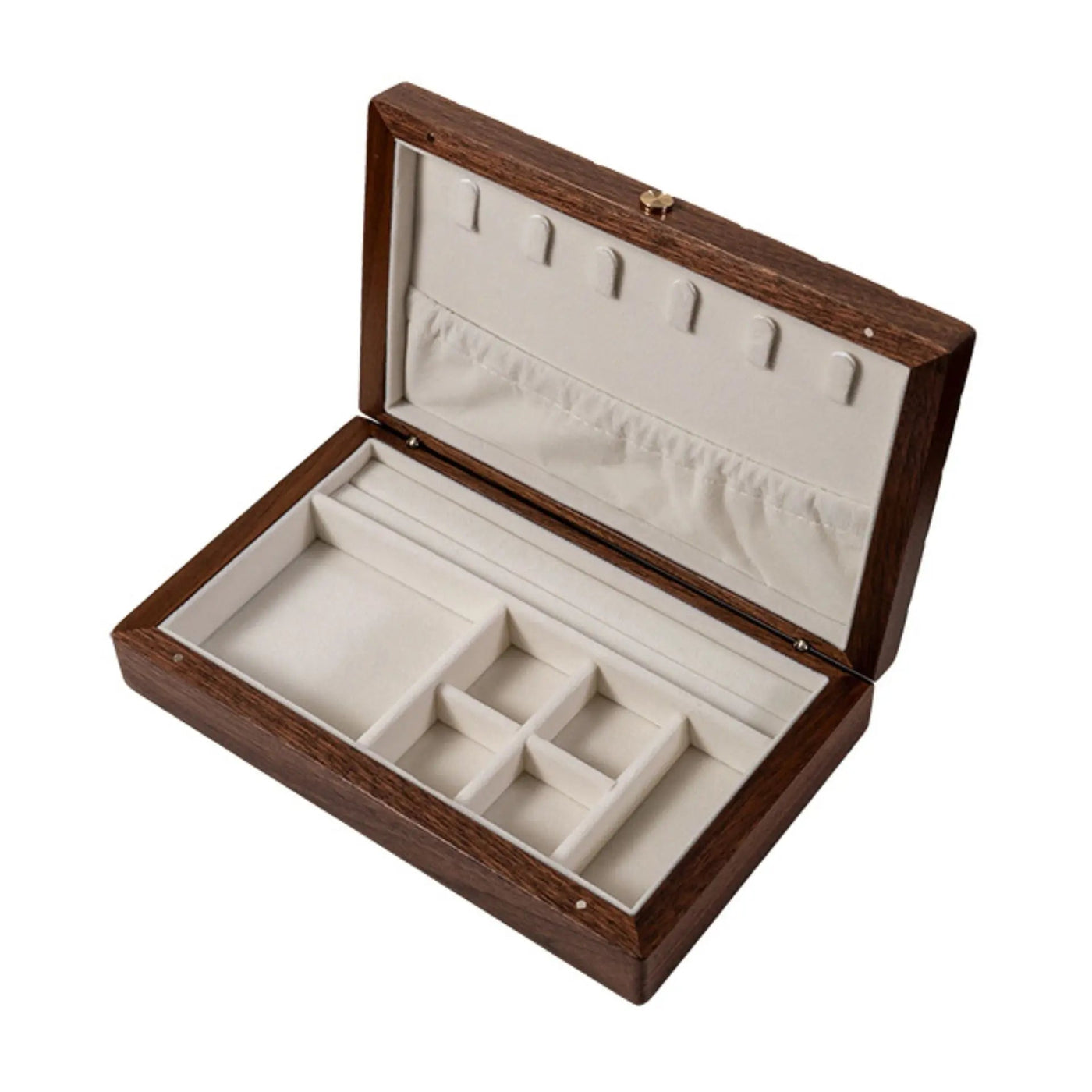 Boîte à bijoux noyer massif avec serrure, détail de la fermeture – Cléophée Paris