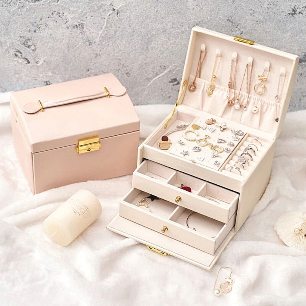 Boîte à bijoux Luvarie en cuir – 3 niveaux avec miroir & verrou - Cléophée Paris